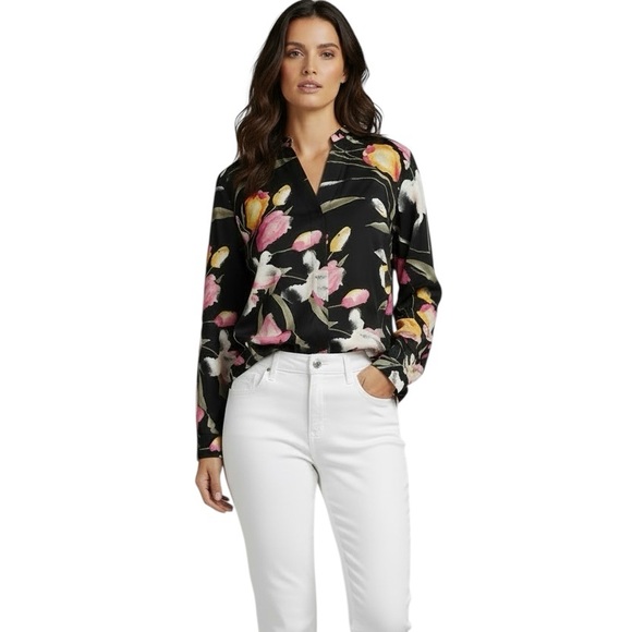 WHITE HOUSE BLACK MARKET Black Floral Short/Long Sleeve V-Neck Blouse Size Large - Picture 2 of 6